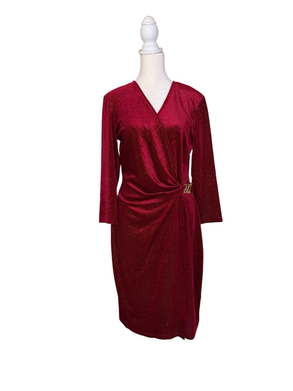 Anne Klein Red w/gold shimmer women’s faux wrap special occasion dress size 8